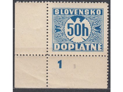 1939, 50h modrá, svislý rastr, rohový zn. s DČ 1, Nr.DL6, **/*, nálepka na okraji mimo zn.