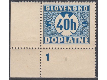 1939, 40h modrá, svislý rastr, rohový zn. s DČ 1, Nr.DL5, **/*, nálepka na okraji mimo zn.