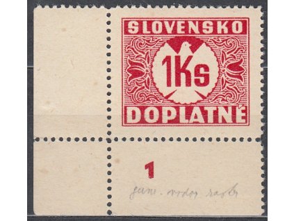 1939, 1Ks Doplatní, vodorovný rastr, rohový kus s DČ 1, Nr.DL8, **