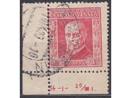1Kč TGM, I.typ, rohový kus s DČ 34-I-29/I, Nr.190, razítkované