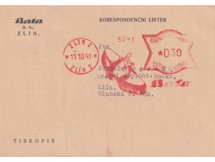 1941, DR Zlín, frankotyp Baťa 0.30 h, karta, tiskopis zaslaný v místě,