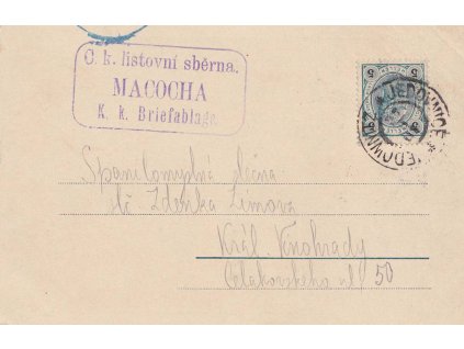 1901, C.k. listovní sběrna Macocha + DR Jedovnice, pohled zaslaný do Prahy,