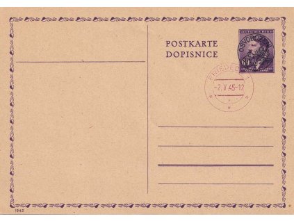 Frýdek, 1945, dopisnice 60 h Hitler s přetiskem Osvobození, červené razítko