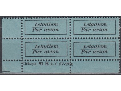 Letecká nálepka "Letadlem Par avion", rohový 4blok s číslem tiskopisu, **