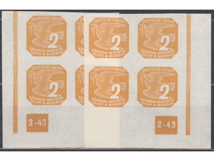 1943, 2h žlutohnědá, roh. 4blok s DČ1-43, L+P, rám nepřerušen, Nr.NV10, **