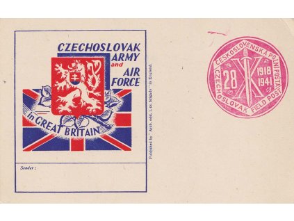 ČSPP v Anglii, 1941, propagační karta, pamětní razítko, neprošlé, dv růžek