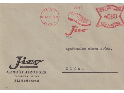 1945, DR Zlín 7.9.45 frankotyp Jiro, dopis zasl. ve Zlíně