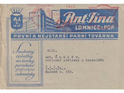 1947, DR Lomnice nad Popelkou, frankotyp Ant Jína, dopis zasl. do Zlíně,