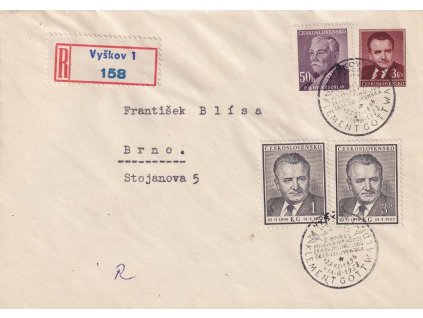 COB 5 Gottwald, pamětní razítko Vyškov, zasláno doporučeně do Brna