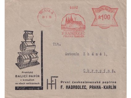 1935, DR Praha, frankotyp F.Hadrbolec, obálka zaslaná do Chropyně,