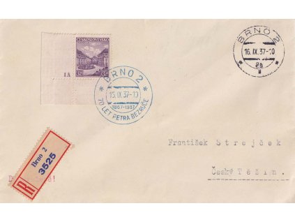 1937, Brno, 70 let Petra Bezruče, R-dopis zasl. do Českého Těšína