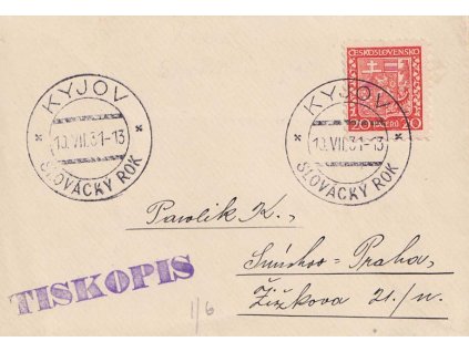 1931, Kyjov, Slovácký rok, tiskopis zasl. do Prahy, malý formát, hezké