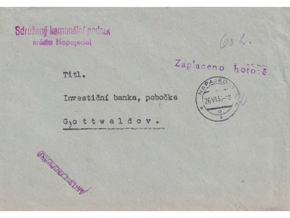 1953, DR Napajedla, firemní dopis vyfr. v hotovosti, zasláno do Gottwaldova,