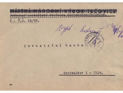 1953, DR Gottwaldov, firemní dopis vyplacený v hotovosti, zasláno v místě,