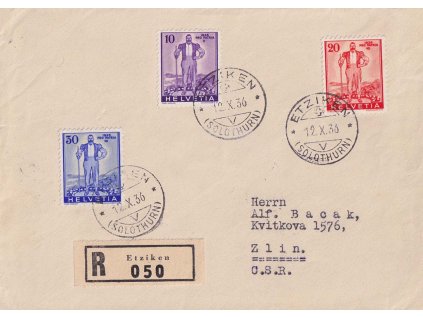 1936, DR Eiziken, R-dopis zasl. do ČSR, stopy pošt. provozu