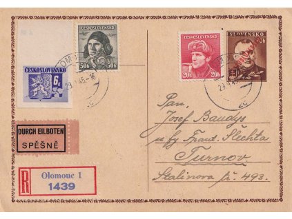 CDV 77 Tiso, DR Olomouc, zasláno v roce 1945 R-Ex do Turnova, prošlé