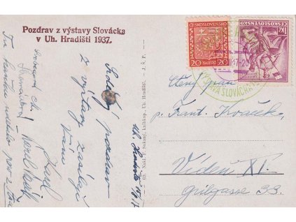 1937, Uherské Hradiště, Výstava Slovácka, propagační pohlednice, prošlé