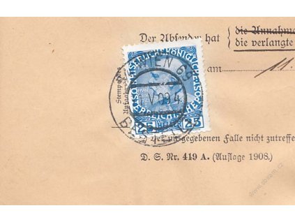 1909, DR Wien, formulář Rückmeldung, slušná jakost