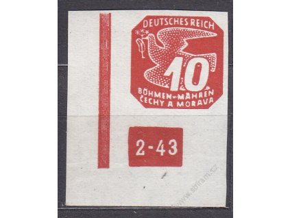 1943, 10h červená, levý roh. kus s DČ 2-43 - přerušený rám, Nr.NV14, **, vzácná varianta