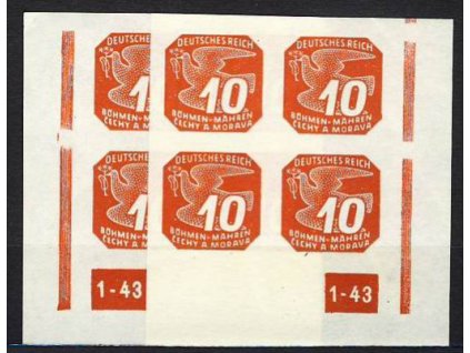 1943, 10h červená, roh.4blok s DČ1-43, L+P, přerušený rám, Nr.NV14, **