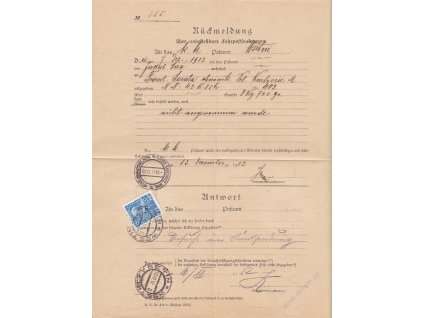 1912, DR Vsetín, formulář Rückmeldung, přeloženo