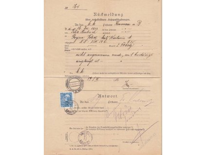 1912, DR Krumlov, formulář Rückmeldung, přeloženo