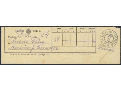 1914, DR Zbiroh, Podací lístek s číslem formuláře