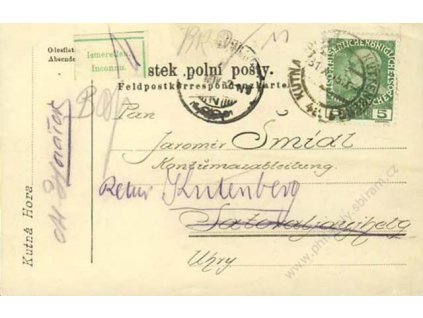 1915, DR Kutná Hora, lístek PP zasl. do Uher