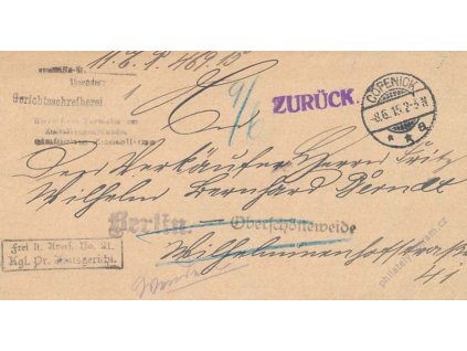 1915, DR Cöpenick, skládaný dopis, vráceno zpět
