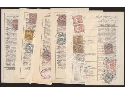 1915, DR Fiume, 6 kusů útržků frankovaných telegramů