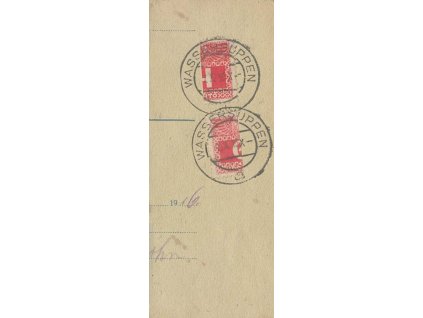 1916, DR Wassersuppen, útržek průvodky, půlené známky