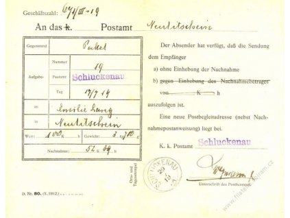 1919, DR Schluckenau 29.7.1919, formulář D. Nr. 80