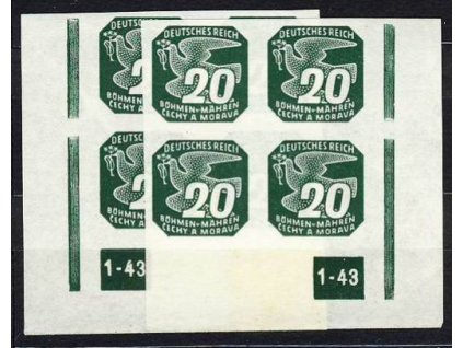 1943, 20h zelená, roh.4blok s DČ1-43, L+P, přerušený rám