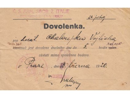1920, Č.S. Arm. sbor z Itálie, Transportní rota v Praze, Dovolenka