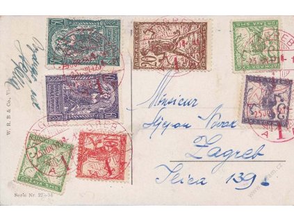 1920, DR Zagreb, pohlednice vyfr. pestrou frank. známek