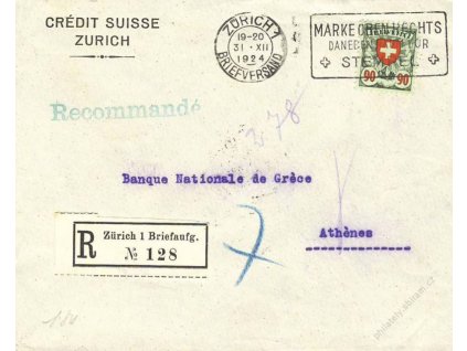1924, DR Zürich, R-dopis zaslaný do Athén