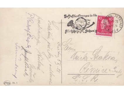 1928, Dresden, Im Postkraftwagen, pohlednice, zasl. do ČSR