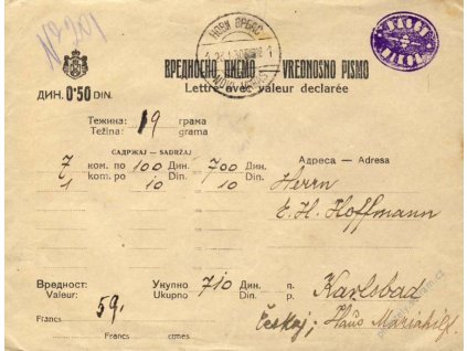1930, DR Novy Vrsac, cenný dopis zasl. do ČSR