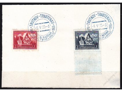 Lístek papíru se zn. 1-2Kč Arras, 2Kč s kuponem, pamětní razítko TRUTNOV 5.5.1935