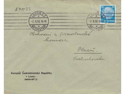 1933, DR Leipzig, dopis vyfr. zn. 20Pf Hindenburg Wz.2 (Waffeln)