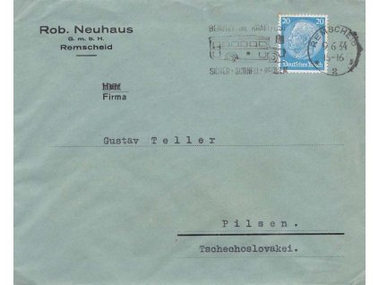 1934, DR Remscheld, firemní dopis vyfr. zn. 20Pf Hindenburg Wz.2