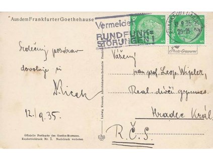 1935, Frankfurt (Main), Wermeider, pohlednice zasl. do ČSR