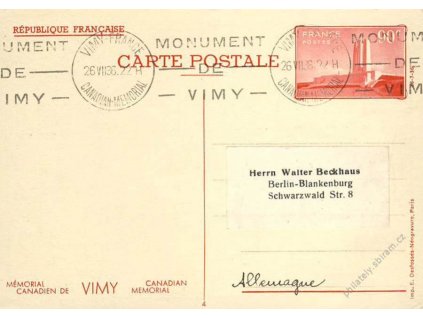 1936, DR Vimy-France, celinová pohlednice