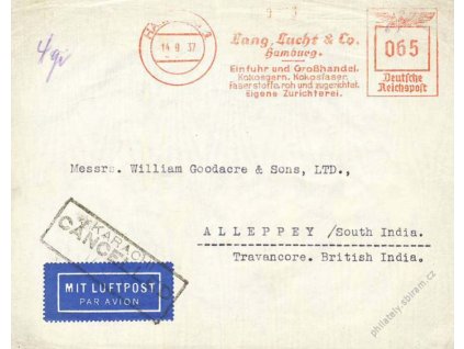 1937, DR Hamburg, dopis zasl. do Britské Indie