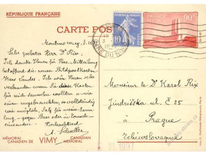 1937, DR Paris, celinová pohlednice zaslaná do ČSR