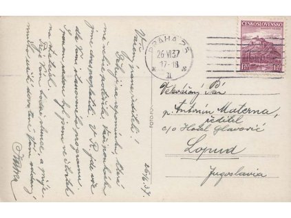 1937, DR Praha, pohlednice zaslaná do Lopudu v Jugoslávii