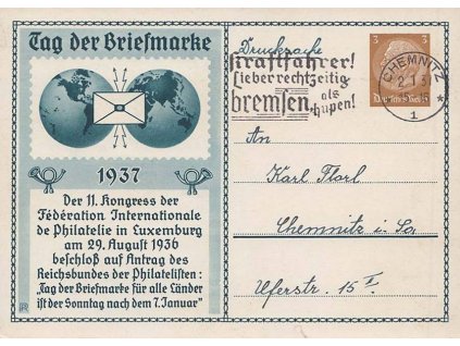 1937, privátní dopisnice 3Pf Hindenburg, Tag der Briefmarke