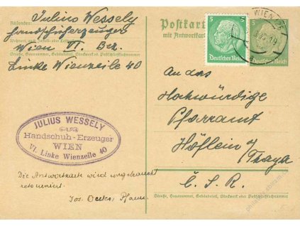 1938, DR Wien, díl dopisnice 5Pf Hindenburg
