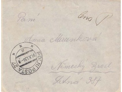1938, DR Polní pošta 27, dopis zasl. do Německého Brodu, cenzura