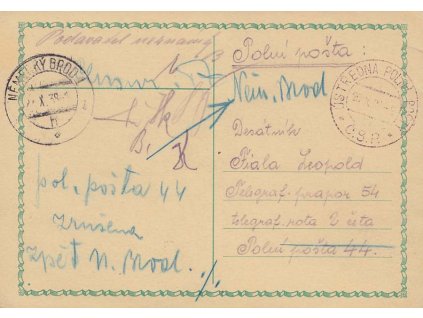 1938, DR Ústředna Polních pošt, lístek PP zaslaný mezi útvary, dosíláno